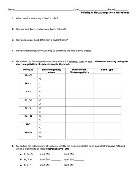 using electronegativity to predict polarity of bonds worksheet answers